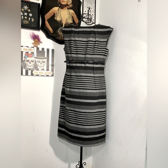 Calvin Klein Dresses & Skirts - Calvin Klein Womens Dress Sz 10 Black Gray Stripes Cap Sleeve Belted
